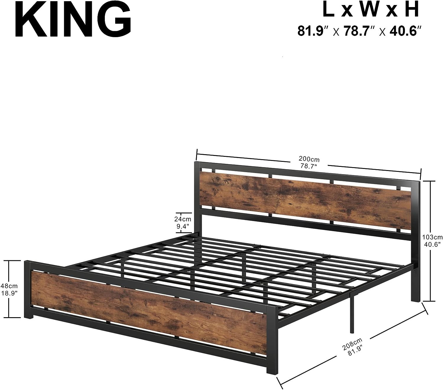 Industrial Platform Bed Frame with Headboard and Footboard, Strong Supports, Noise-Free, No Box Spring Required