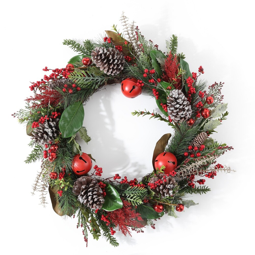 SAFAVIEH Faux 30 Inch Myrtle Led Wreath W/ Red Bells   Green/Red   30\