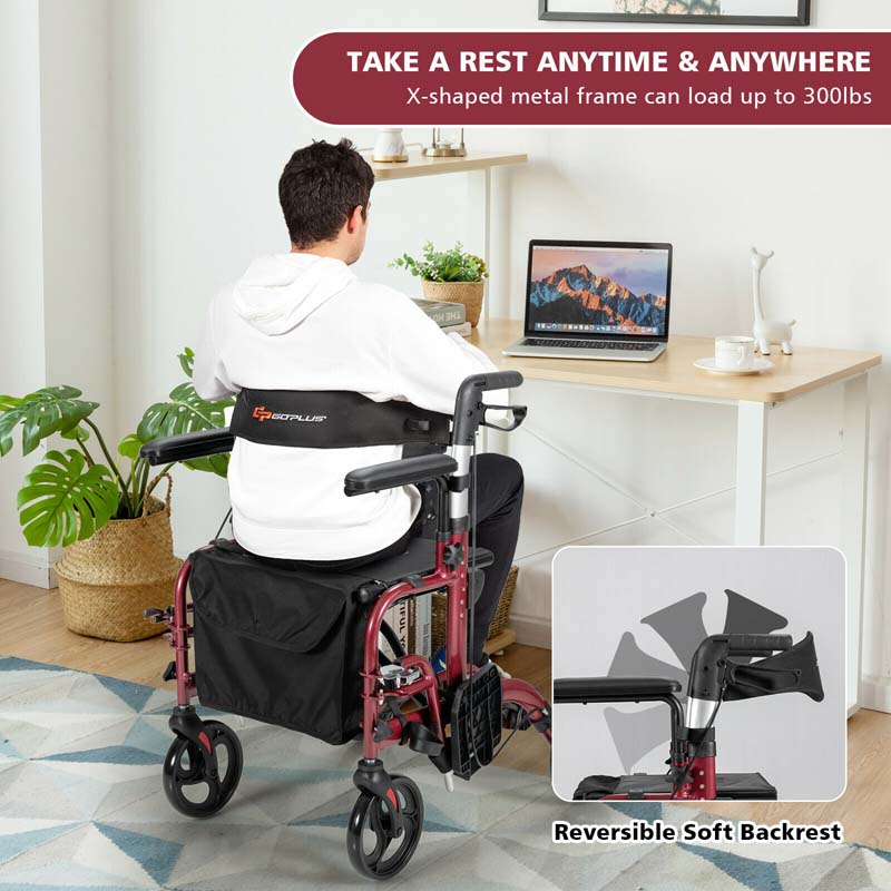 2 in 1 Rollator Walker Wheelchair Folding Medical Walker Rolling Transport Chair Mobility Walking Aid