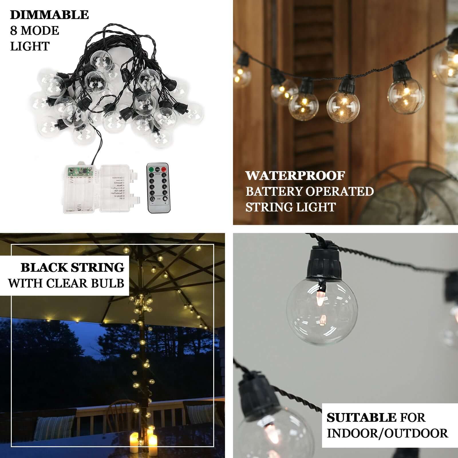 Warm White Outdoor / Indoor 8-Mode Dimmable String LED Lights, Waterproof Remote Operated With 25 Clear Bulbs 26ft