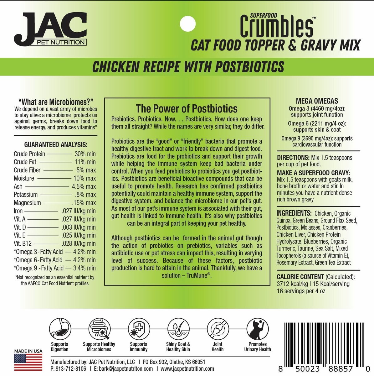 JAC Pet Nutrition Air-Dried Chicken Superfood Crumbles Grain-Free Cat Food Topper， 4-oz bag