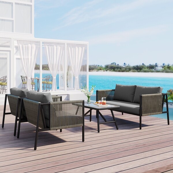 4Piece Outdoor Wicker Rope Sofa Conversation Set with Cushions，Toughened Glass Table