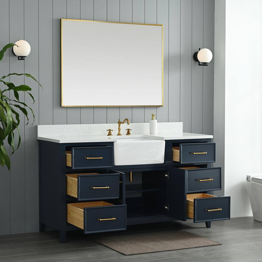 SUDIO Casey 60 in. W x 22 in. D Bath Vanity in Indigo Blue with Engineered Stone Vanity Top in Ariston White with White Basin Casey-60IB-S