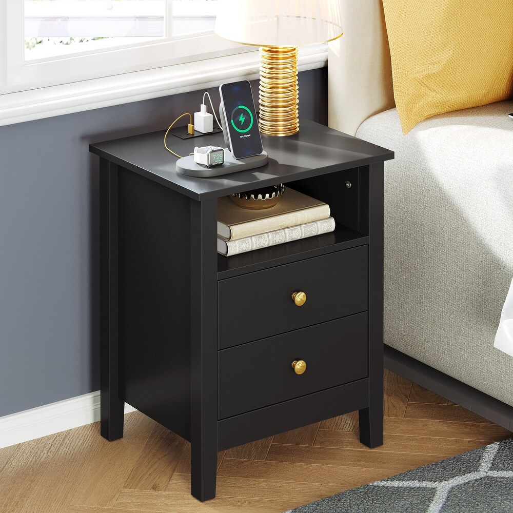 Nightstand Set of 2 with Charging Station End Side Table with 2 Drawers with USB Ports and Outlets Bedside Bed