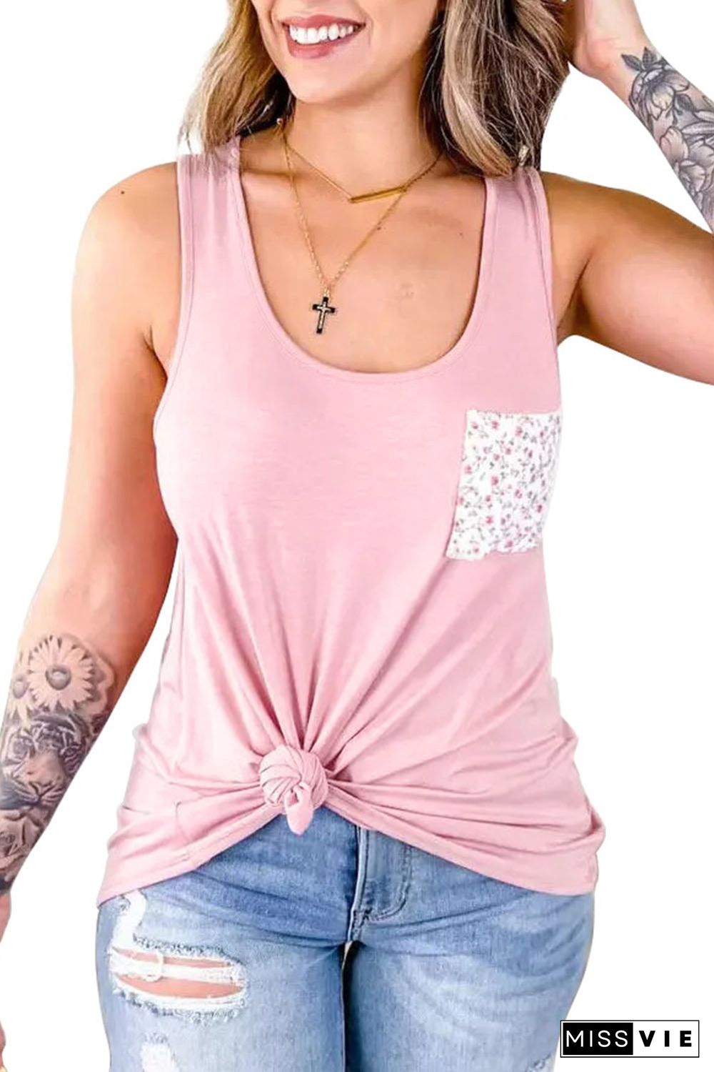 Pink Floral Patch Pocket Tank Top