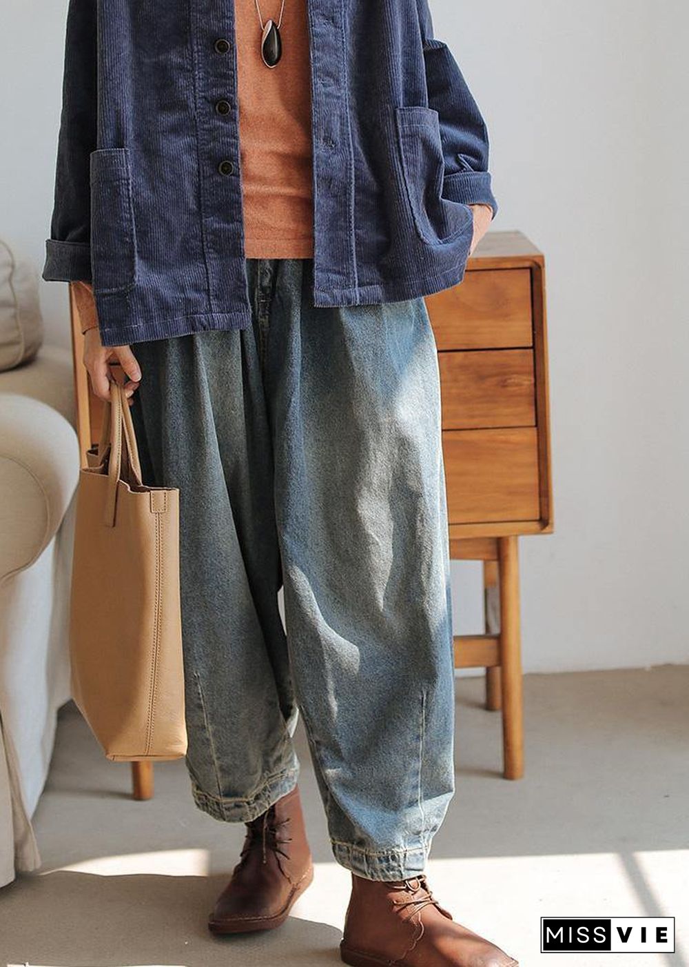 Modern denim blue pants oversize wide leg pants cotton Fabrics casual pants