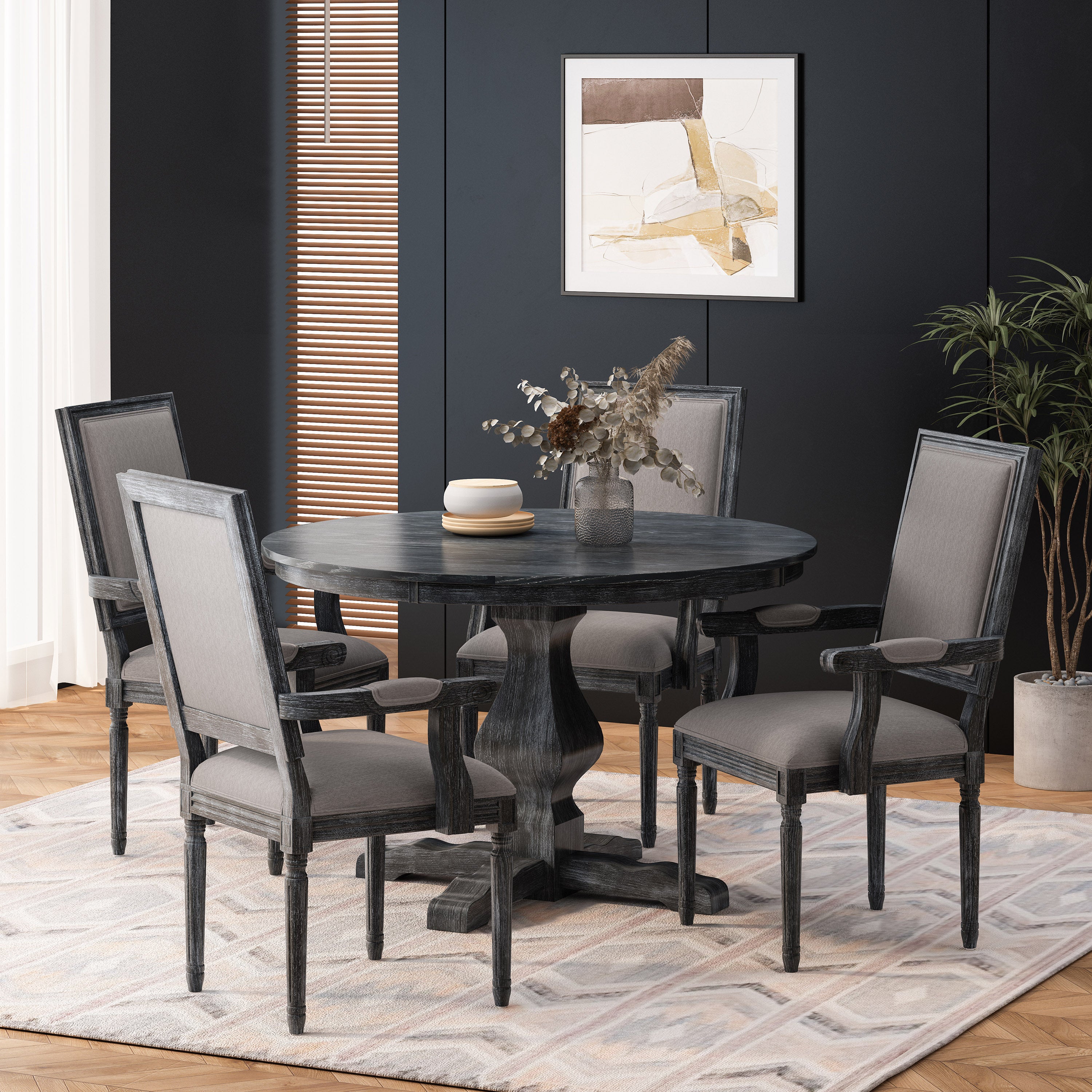 Joretta French Country Fabric Upholstered Wood 5 Piece Circular Dining Set