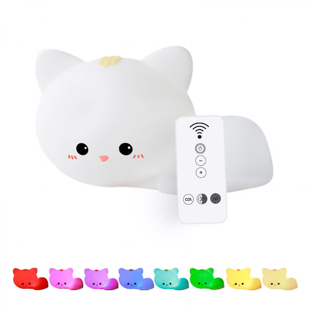 Cute Cat Night Light Kids， 7 Colors Baby Bedside Lamps W/ Remote Control， Usb Rechargeable Protable Nightlight Room Decor Birthday Xmas Gift