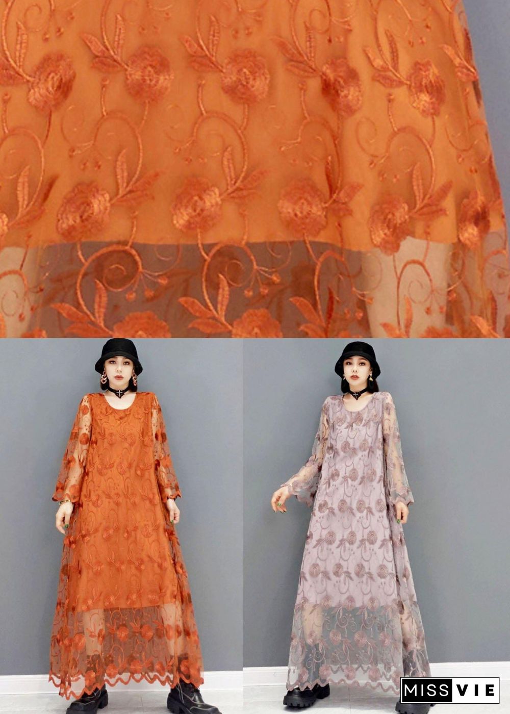 Organic Orange Fashion O-Neck Long Sleeve Lace Fall Dress