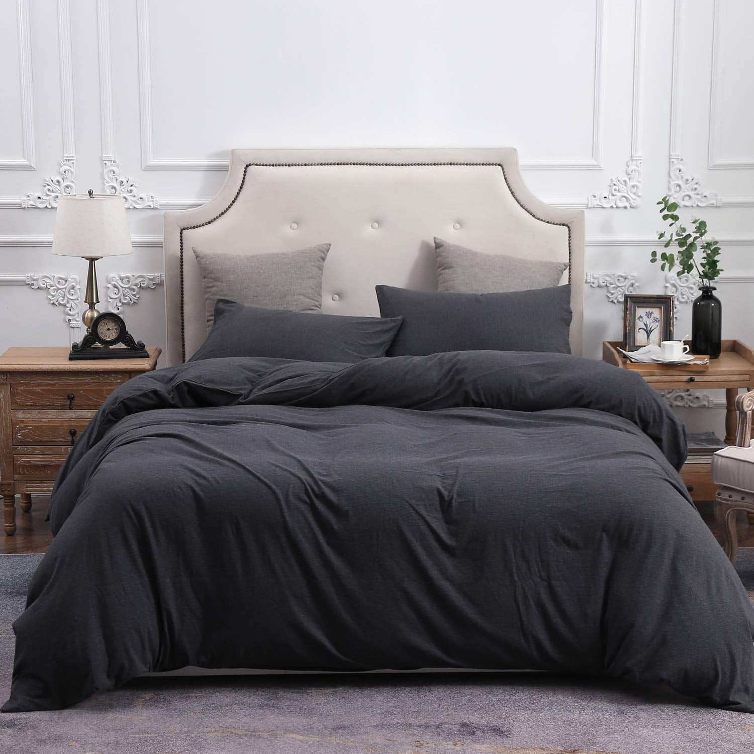 PURE ERA Duvet Cover Set - Ultra Soft Heather Jersey Knit Cotton Home Bedding Solid Black Queen Size， 1 Comforter Cover and 2 Pillow Shams