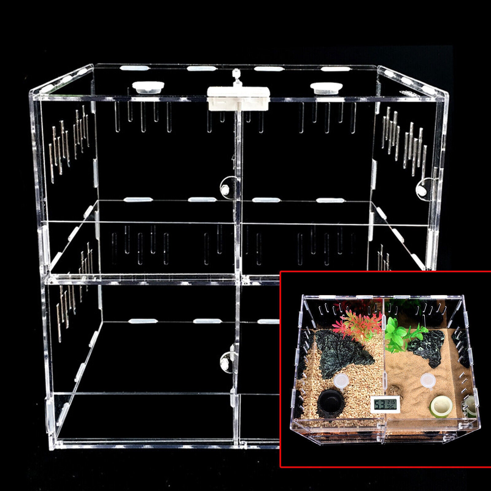 4-Grid Transparent Acrylic Reptile Enclosure Cage Lizard Frog Snake Pet Tank Breeding Box