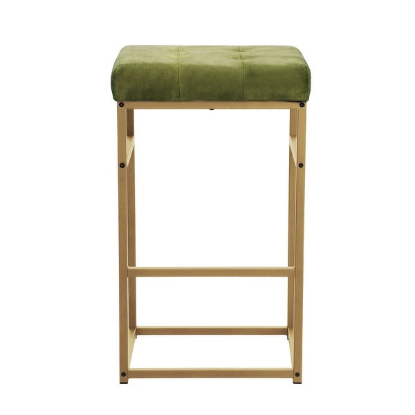 30 Inch Backless Metal Barstool with Beige/Green Velvet Seat-Set of 2