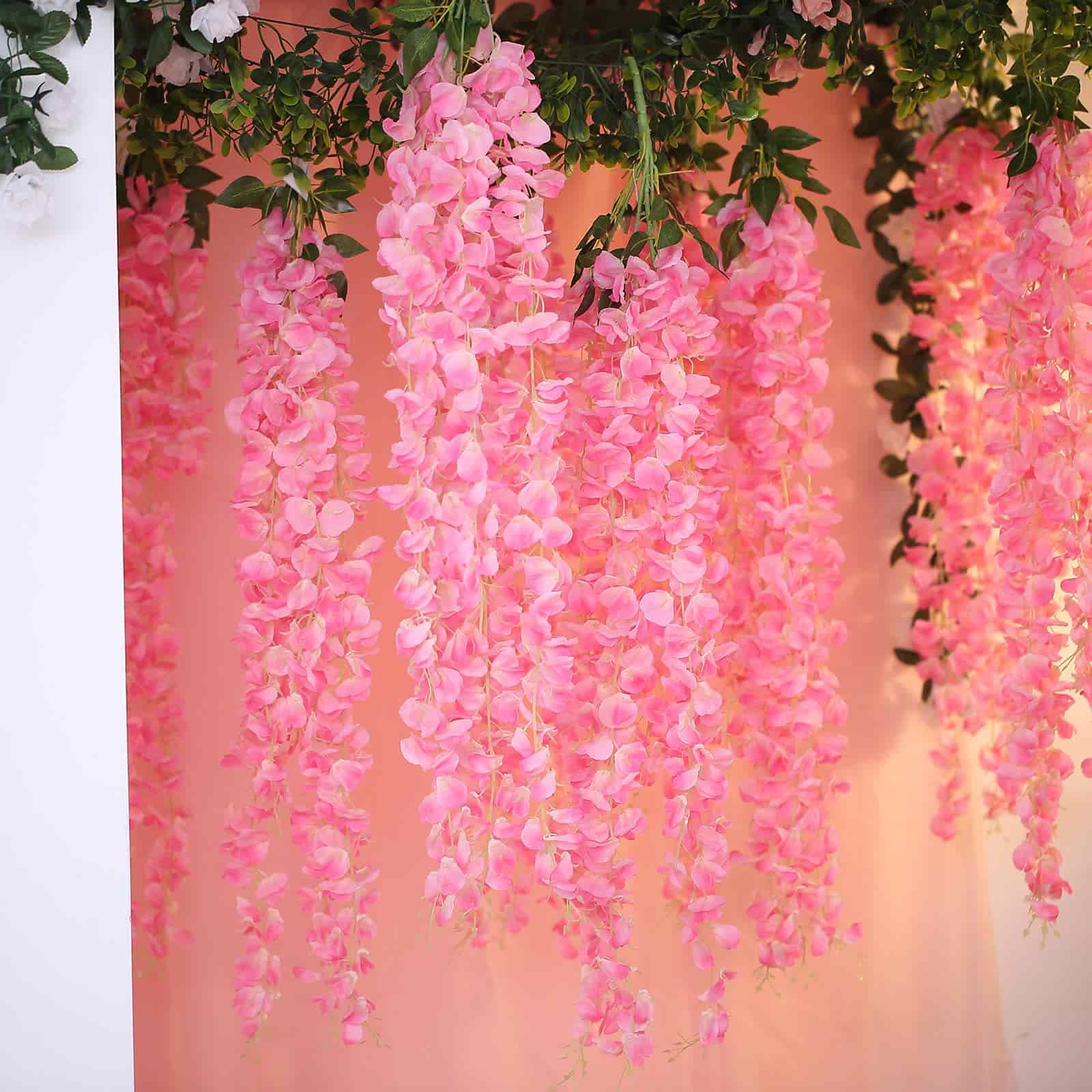 Pink Artificial Silk Hanging Wisteria Flower Garland Vines - Elaborated 5 Full Strands in 1 Bush 42