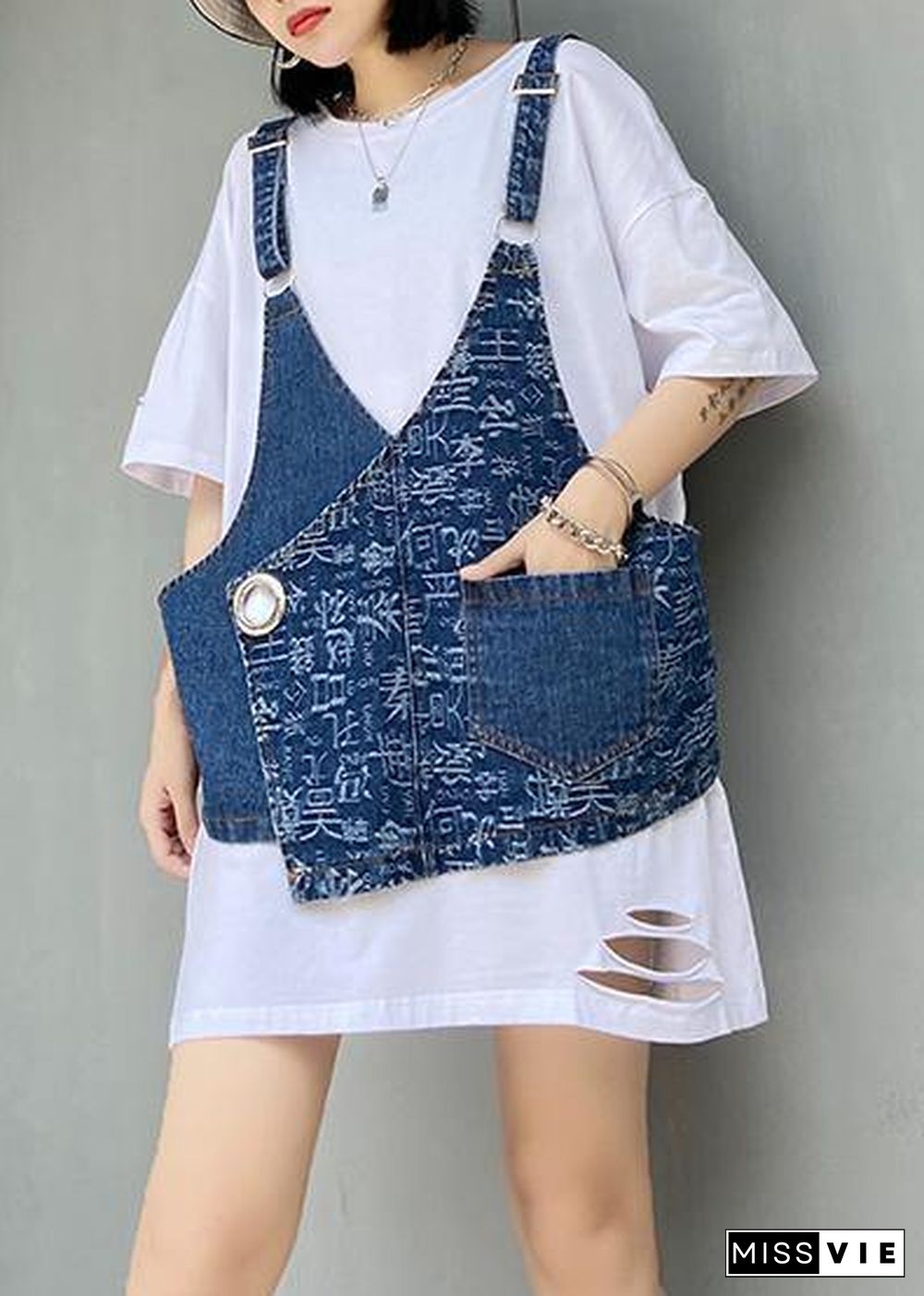 Hole white short-sleeved t-shirt female loose summer large size shirt denim vest suit two-piece suit