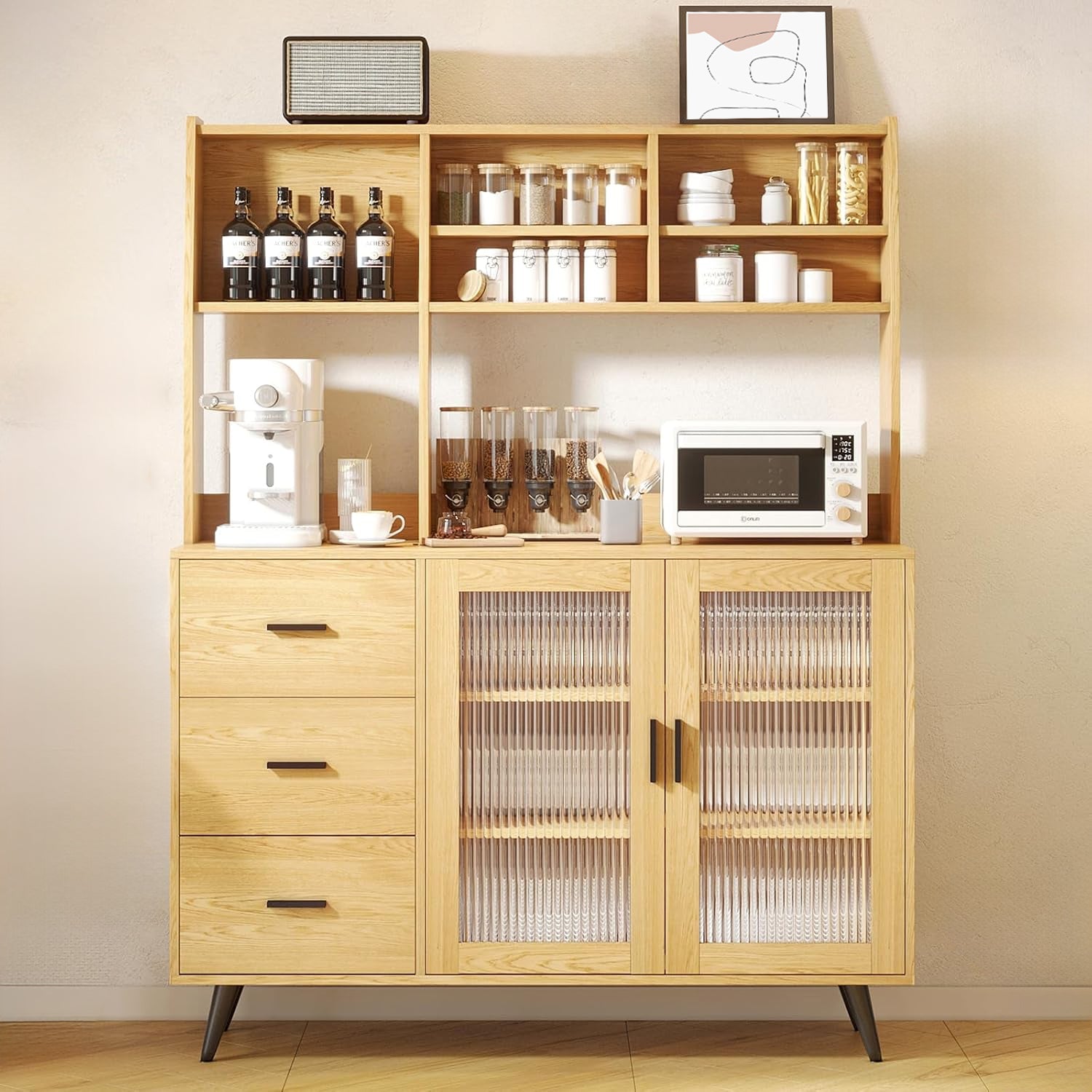 Freestanding Kitchen Sideboard, Kitchen Pantry Cabinet with Microwave Shelf, with Glass Door and 3 Drawers