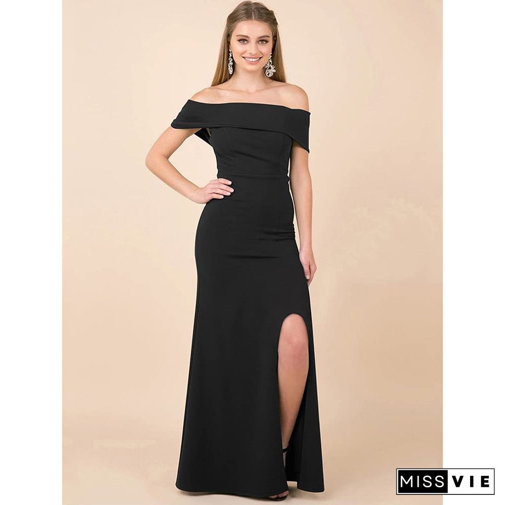 Elegant Slash Neck High Split Floor Length Evening Dress