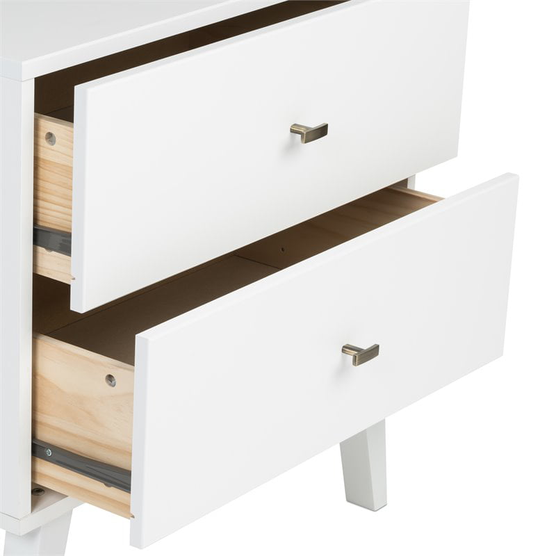 Home Square Mid Century Modern 2 Drawer Wood Nightstand Set in White (Set of 2)