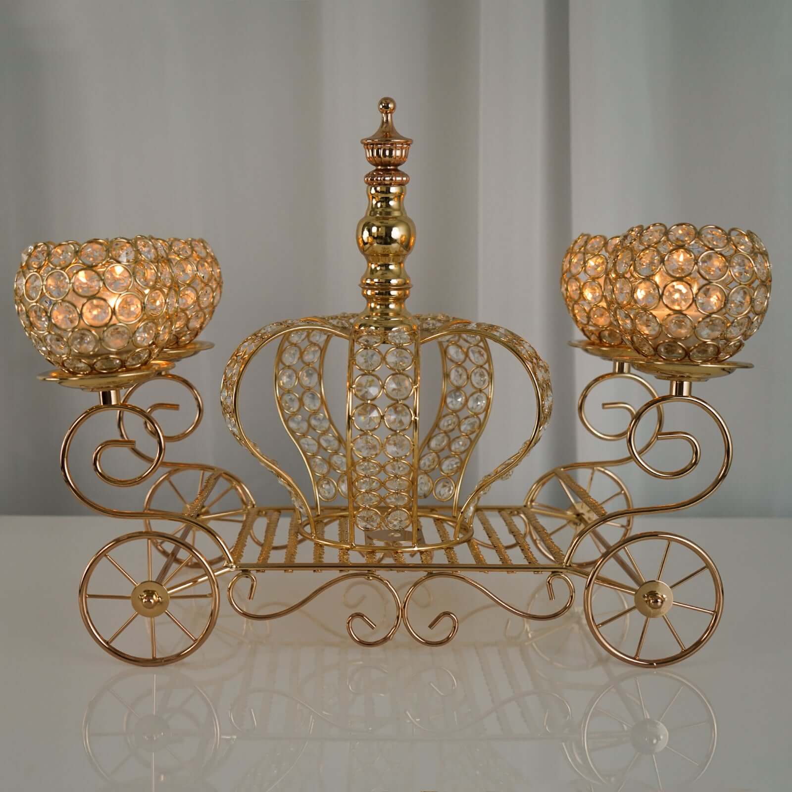 Gold Metal 4-Arm Crystal Cinderella Carriage Candle Holder Centerpiece 18