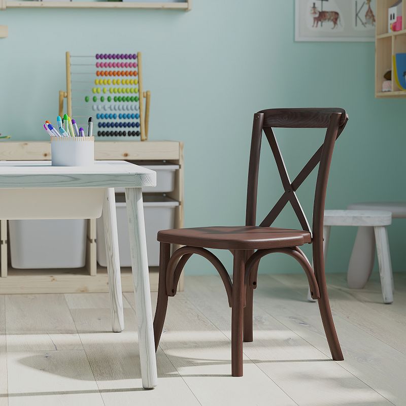 Merrick Lane Kid's Stackable Ash Wood Crossback Chair in a Mahogany Finish with Plastic Floor Glides