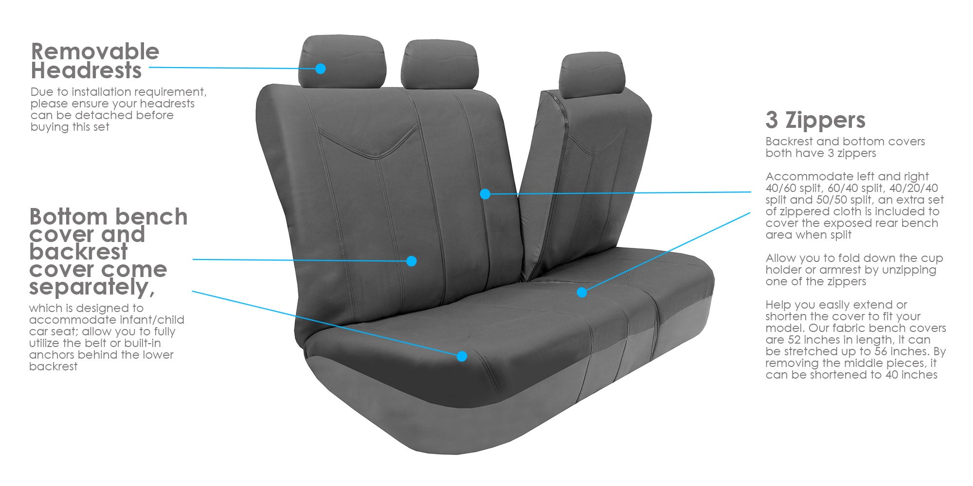 FH Group PU Leather Airbag Compatible Split Bench Seat Covers for Auto， Full set with Carpet Floor Mats， Gray