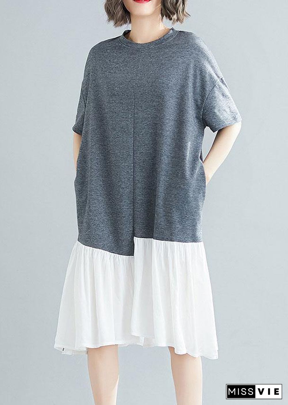 Unique asymmetric patchwork cotton Tunic Shirts gray short sleeve Traveling Dresses summer