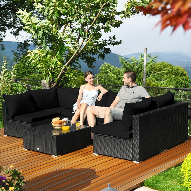 Costway 7pcs Patio Rattan Sofa Set Sectional Conversation Furniture Set Garden Black