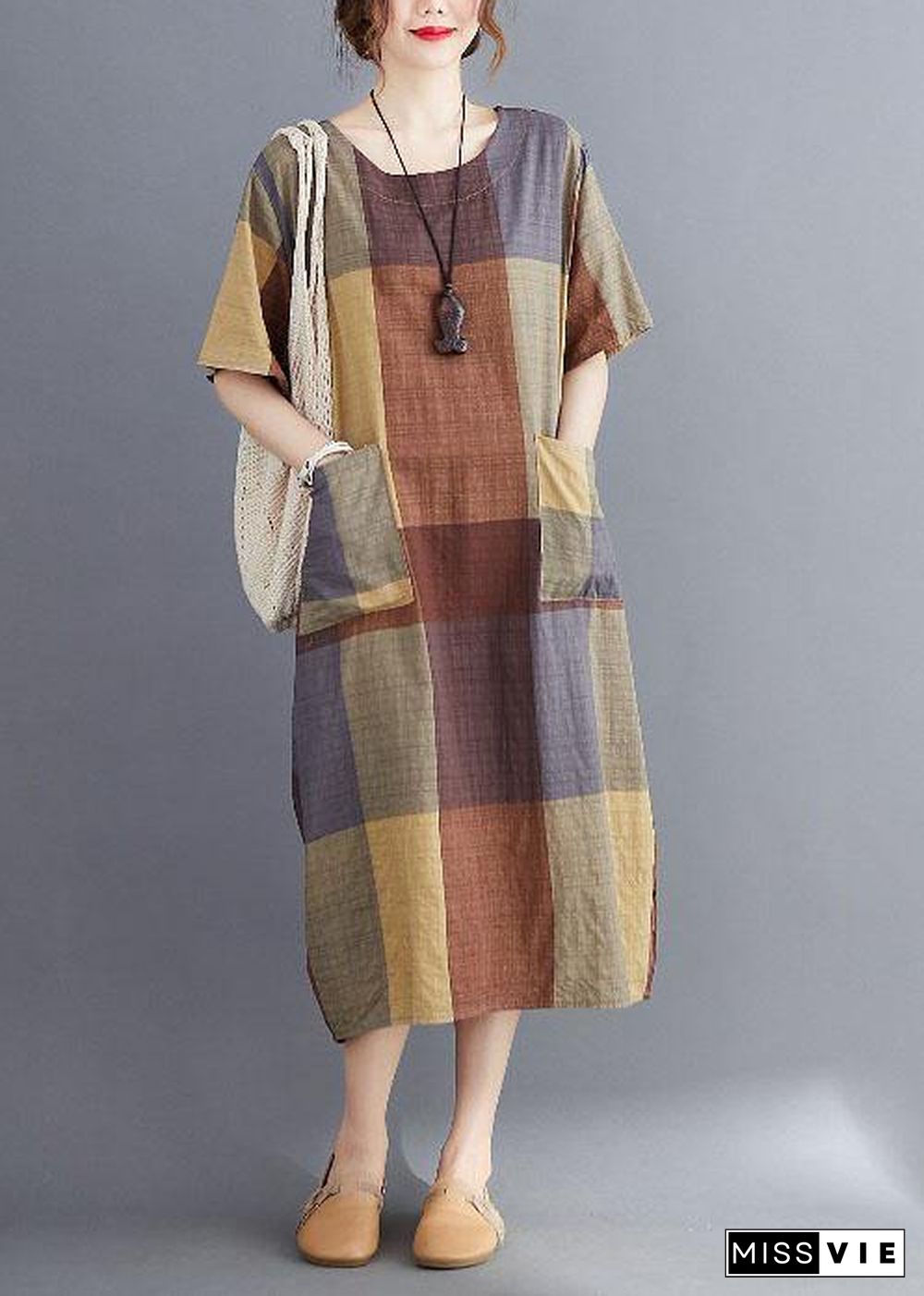 Plus Size Corron Linen Red O Neck Plaid Summer Maxi Dresses