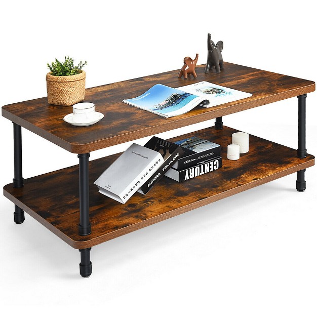 Costway Industrial Coffee Table Rustic Accent Table Storage Shelf Living Room Furniture