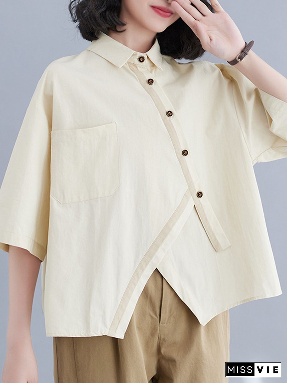 Half Sleeves Irregular Clipping Lapel Blouses&Shirts Tops