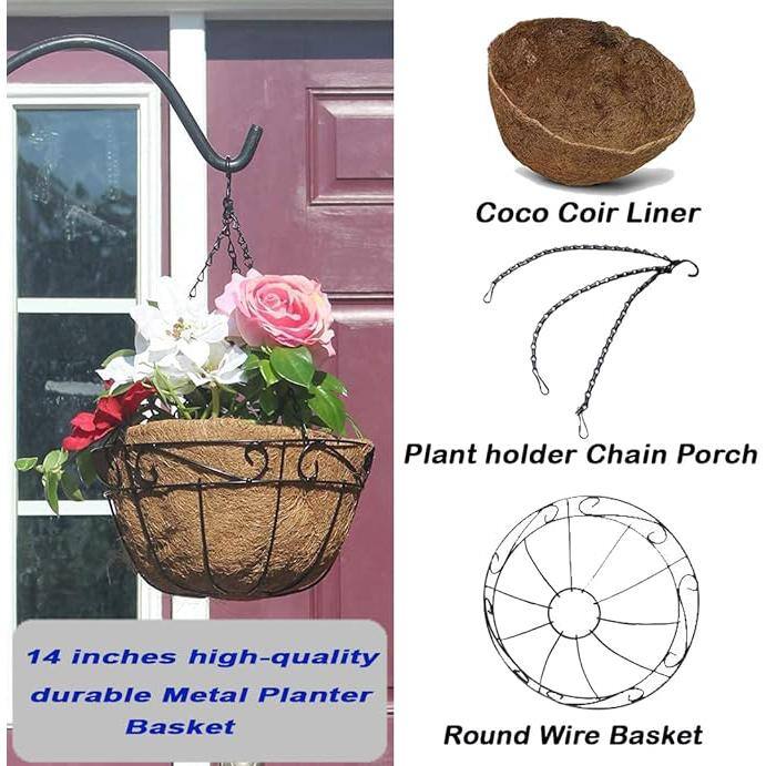 Ashman Online Large 16 in. Dia Black Metal Hanging Basket with Coco Liner (4-Pack) PlantHangBasket16Inch4Pk