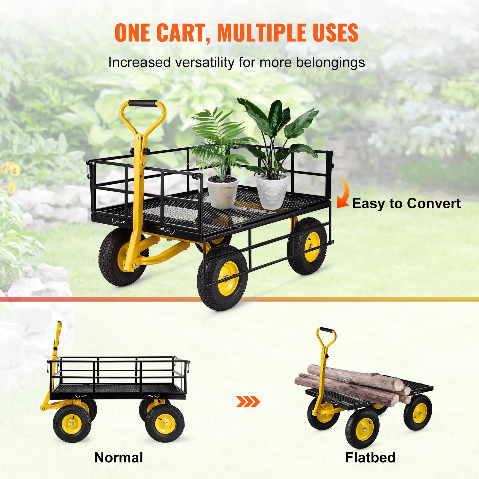 BENTISIM Steel Garden Cart, Heavy Duty 1200 lbs Capacity, with Removable Mesh Sides to Convert into Flatbed, Utility Metal Wagon with 2-in-1 Handle and 13 in Tires, Perfect for Garden, Farm, Yard