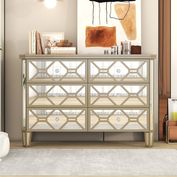 Elegant Mirrored 6-Drawer Dresser with Golden Lines Storage Cabinet - - 37857287