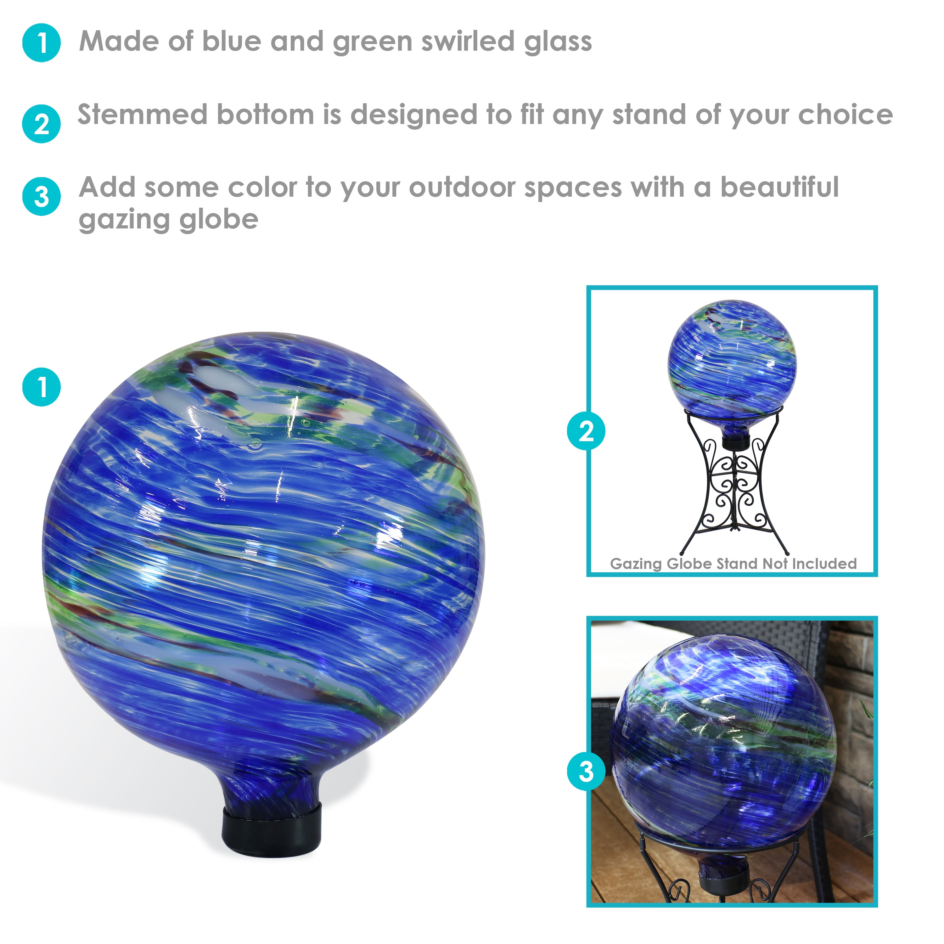 Sunnydaze Northern Lights Glass Gazing Globe with Stemmed Bottom and Rubber Cap - 10" Diameter - Blue and Green Swirl - Set of 2