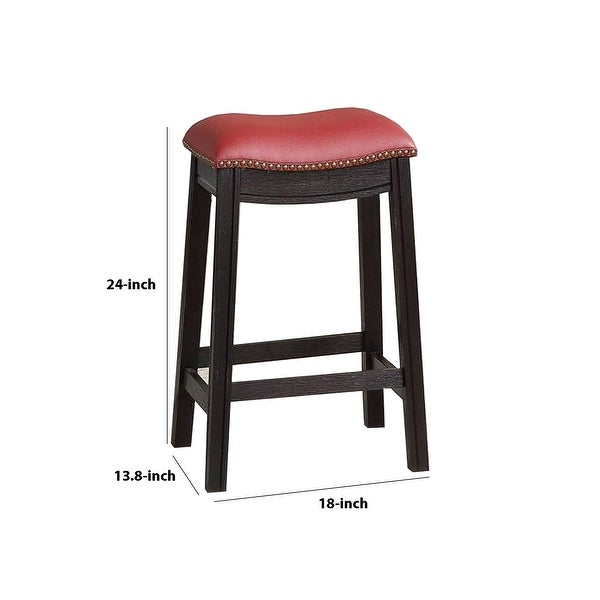 24 Inch Padded Counter Stool with Nailhead Trim， Set of 2， Brown and Red - 24 H x 13.8 W x 18 L