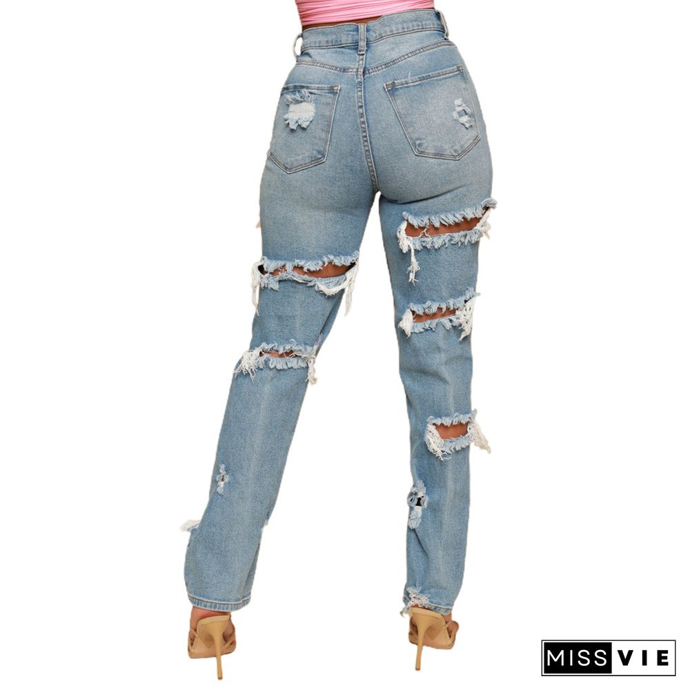 High Waist Streetwear Ripped Hole Jeans Pants