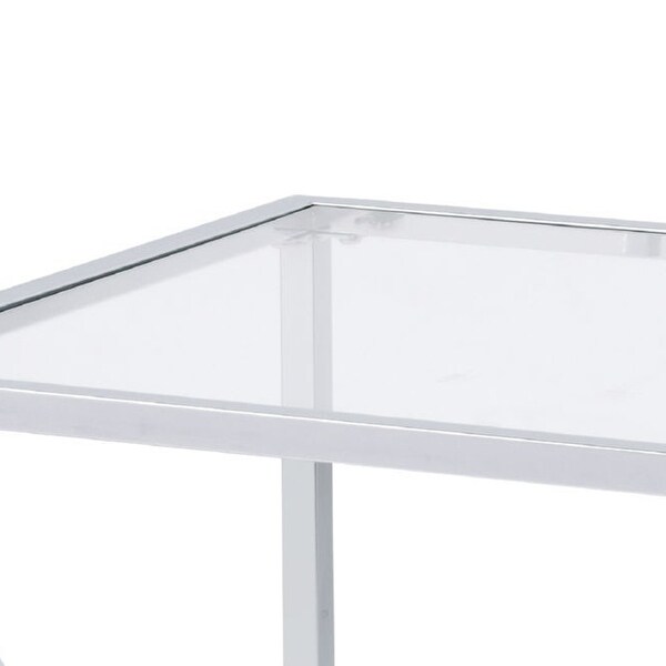 End Table with Glass Top and Bottom Shelf and Geometric Accent， Silver