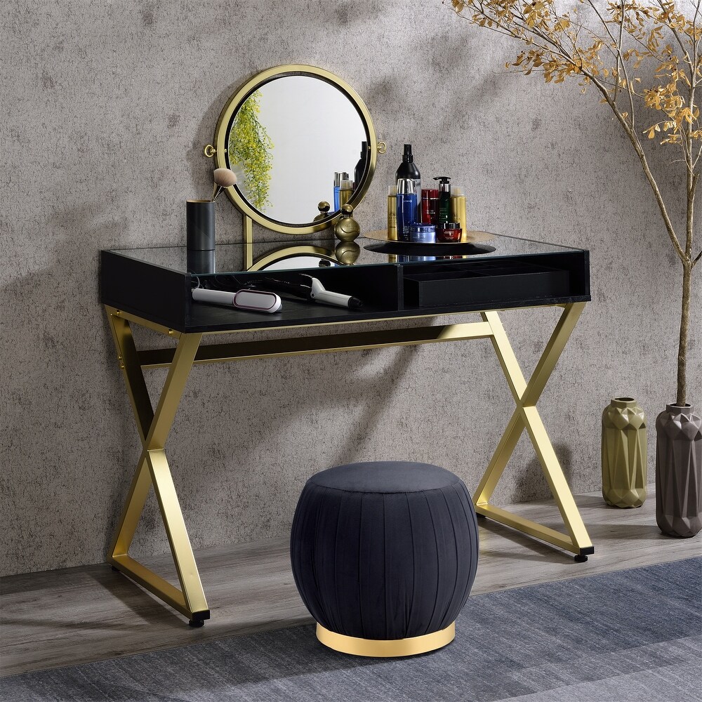 Gold Finish Vanity Desk with Mirror and Jewelry Tray