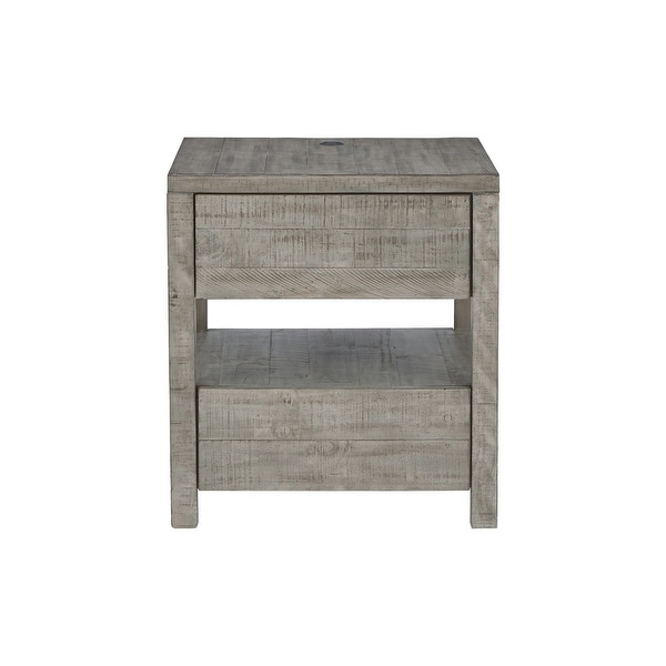 Tren 24 Inch Side End Table， Gray Wood， Pine Veneer， 2 Gliding Drawers