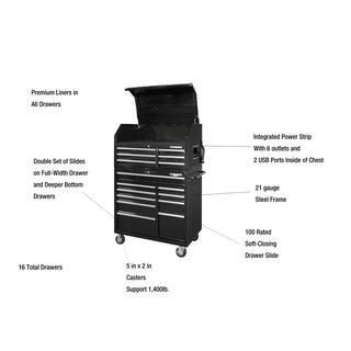 Husky 41 in. W x 24.5 in D Standard Duty 16-Drawer Combination Rolling Tool Chest and Top Tool Cabinet Set in Gloss Black HOTC4116B13S