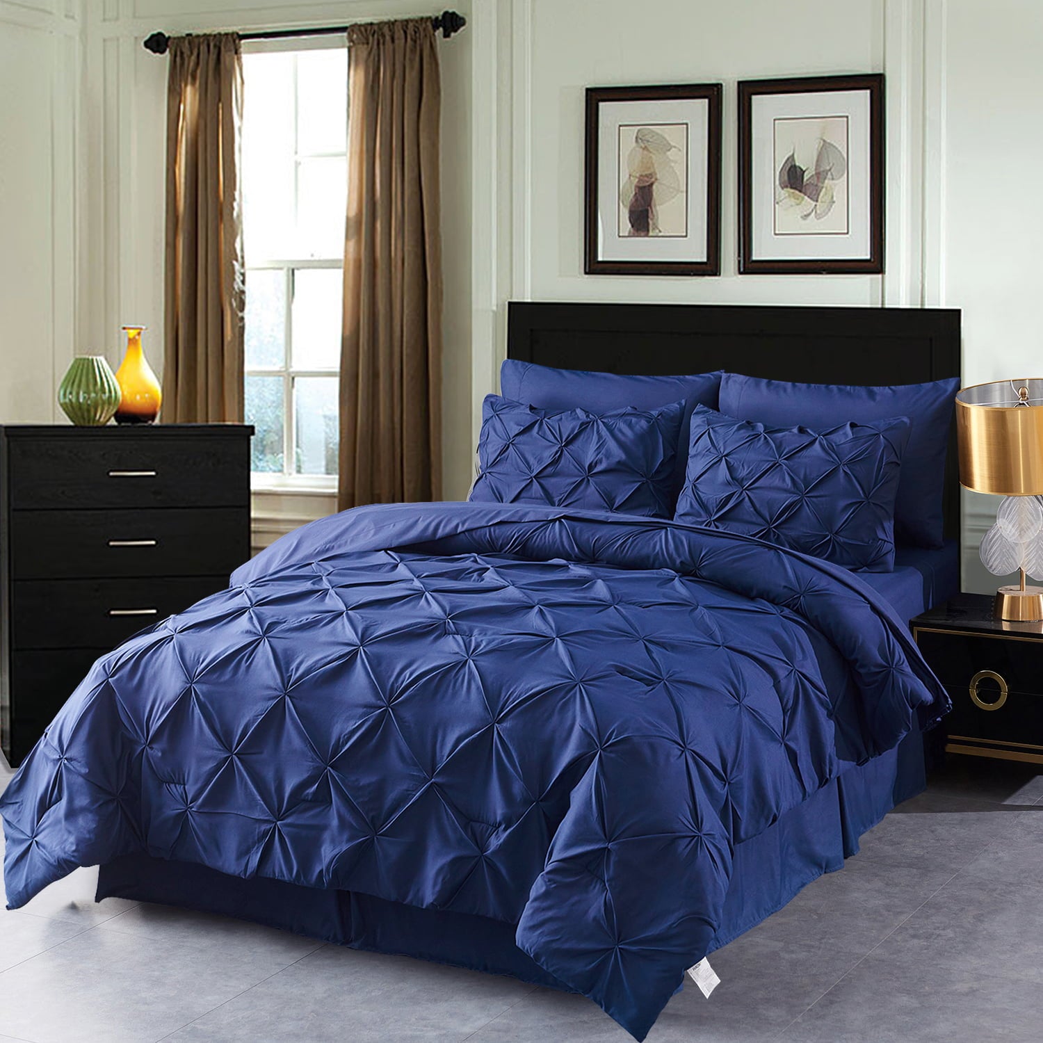 HAOK Queen Pinch Pleat Comforter Set 8 Piece ，Microfiber Bedding Bed in a Bag，Navy