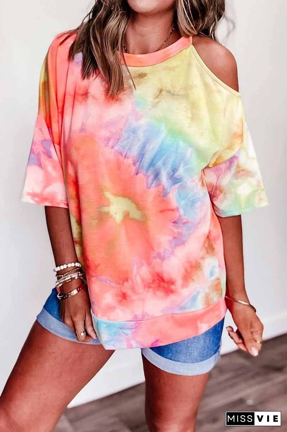 Off-shoulder Tie-dye V-neck T-shirt