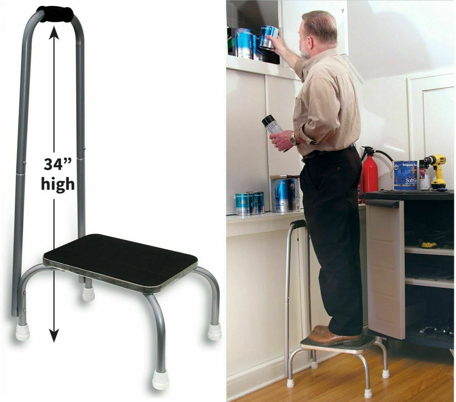 JSNY Support Safety Step Stool with Long Handle for Senior Handicapped Rubberized Platform Great for Kitchen, Workroom & office By Etna