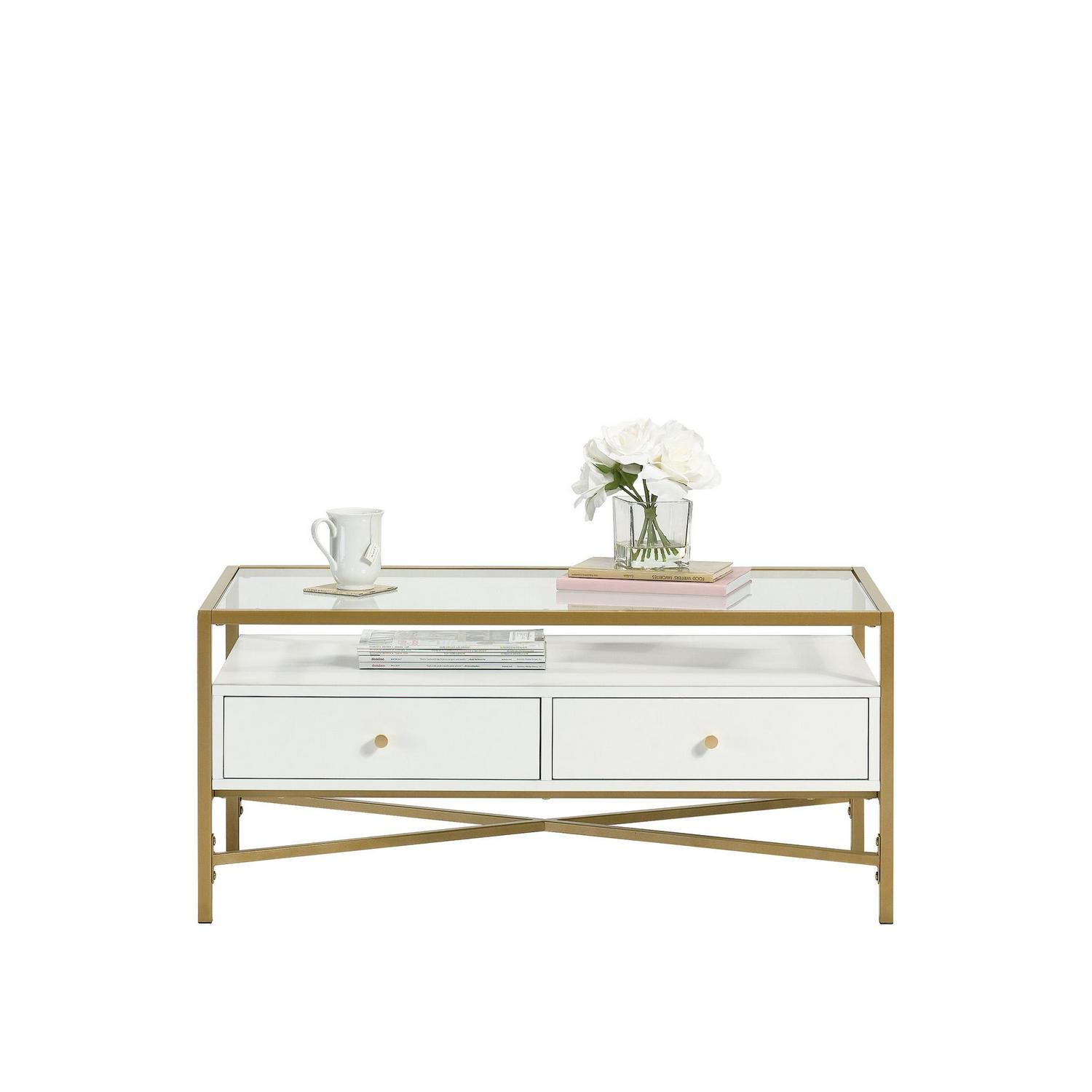 Curiod Glass Top Gold Metal Rectangular Coffee Table with Storage White Finish  Crowdfused