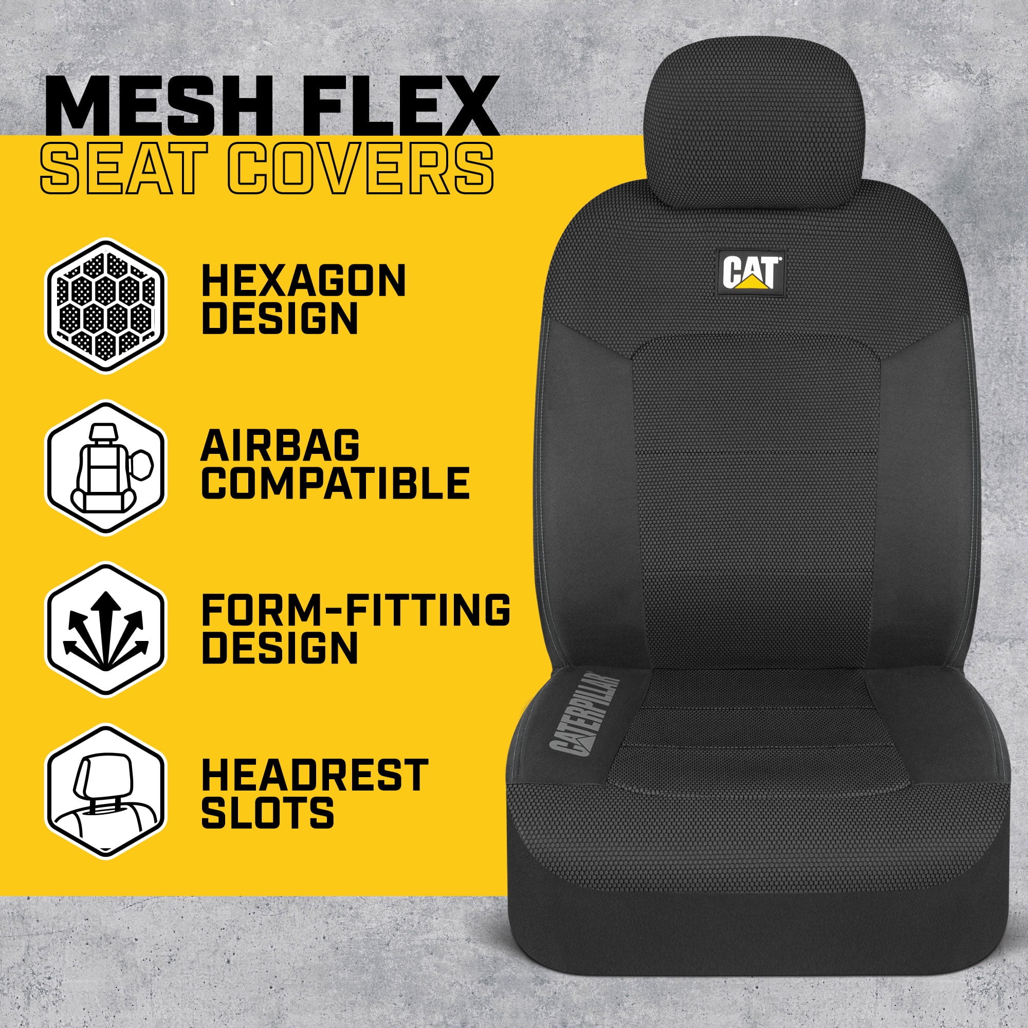 Caterpillar MeshFlex Automotive Seat Covers for Cars Trucks and SUVs (Set of 2) – Black Car Seat Covers for Front Seats， Truck Seat Protectors with Comfortable Mesh Back， Auto Interior Covers