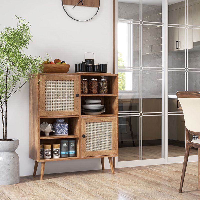 Rattan Buffet Cabinet with 2 Doors and 2 Cubbies-Natural