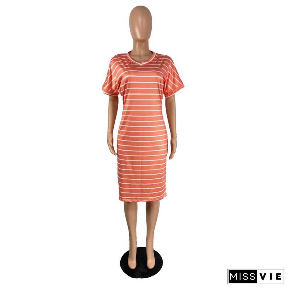 Summer Casual Striped V Neck Short Sleeve T-Shirt Dresses