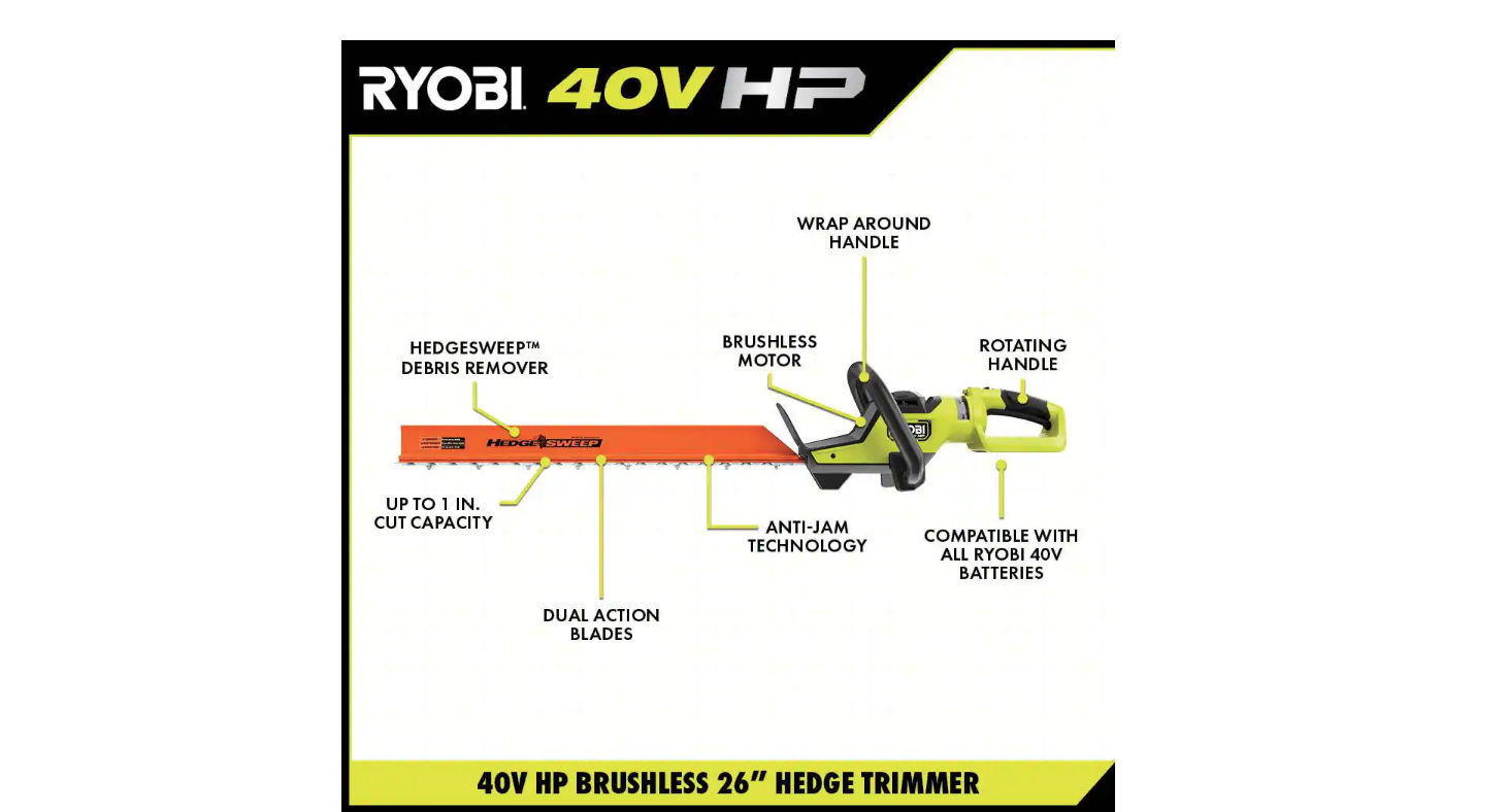 RYOBI RY40640VNM 40V HP Brushless 26 in. Cordless Battery Hedge Trimmer with 2.0 Ah Battery and Charger