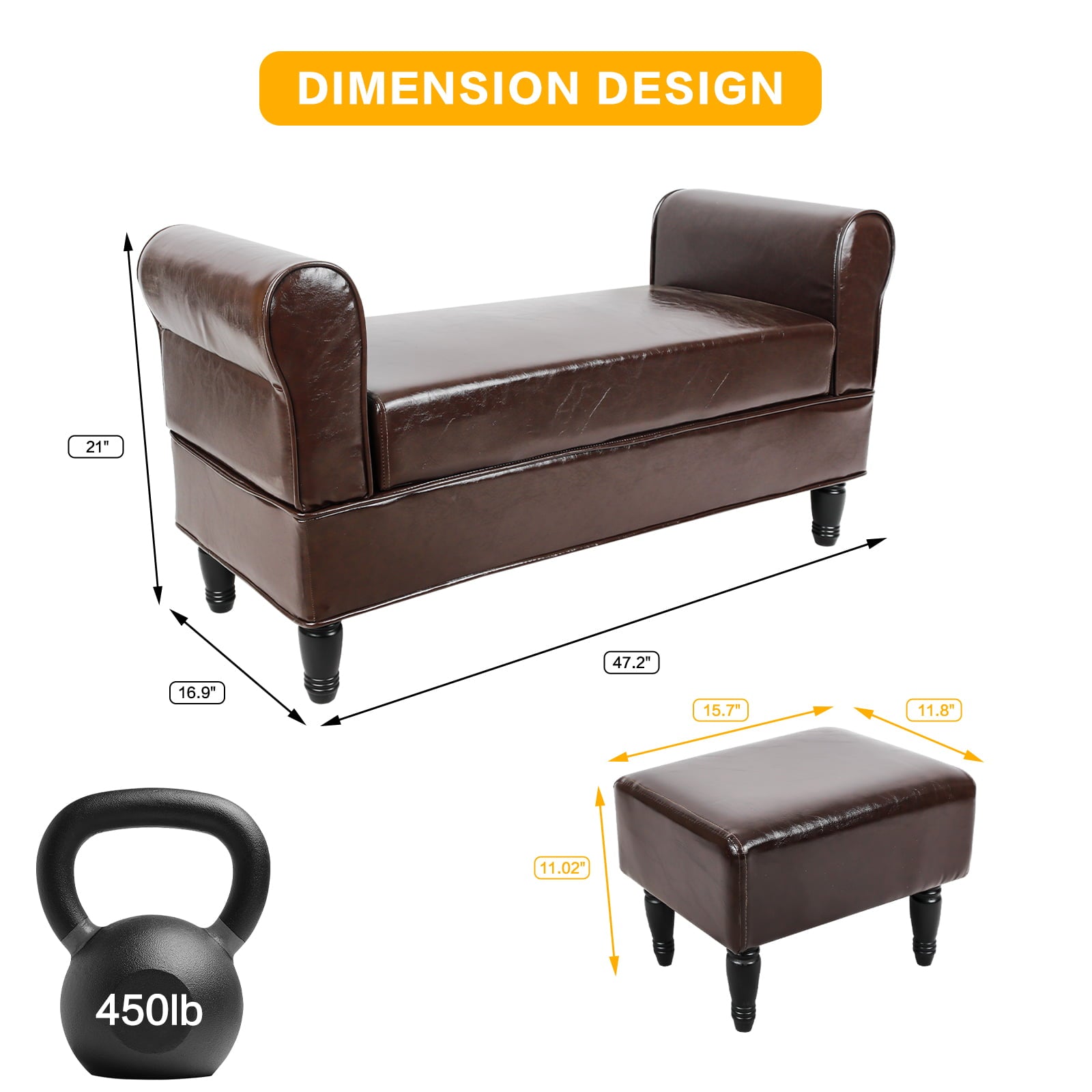 Babion Storage Bench , For Bedroom End of Bed Brown Rolled Armed PU Leather Ottoman Toy Storage Sofa , with 2 Ottoman Footstool