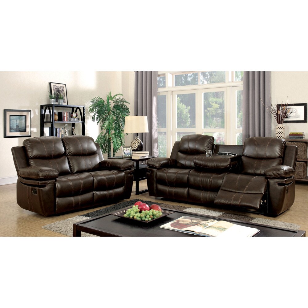 Eliv Transitional Brown Faux Leather 3 Piece Reclining Sofa Set with USB by Furniture of America