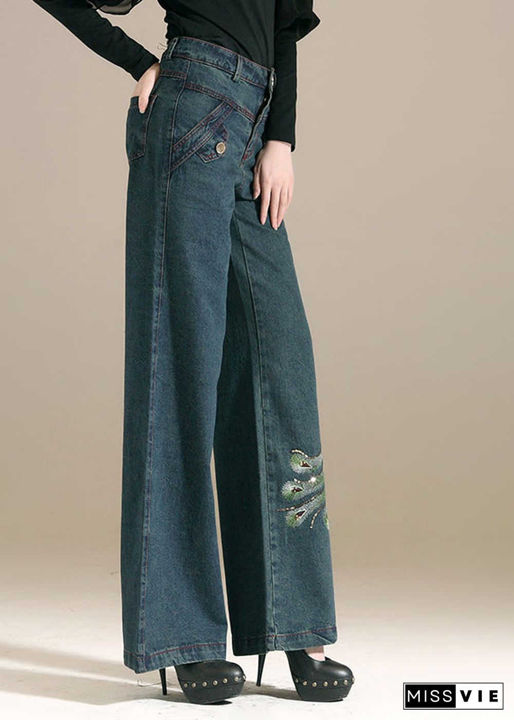 Chic Denim Blue Sequins Embroideried Pockets Cotton Wide Leg Pants Summer